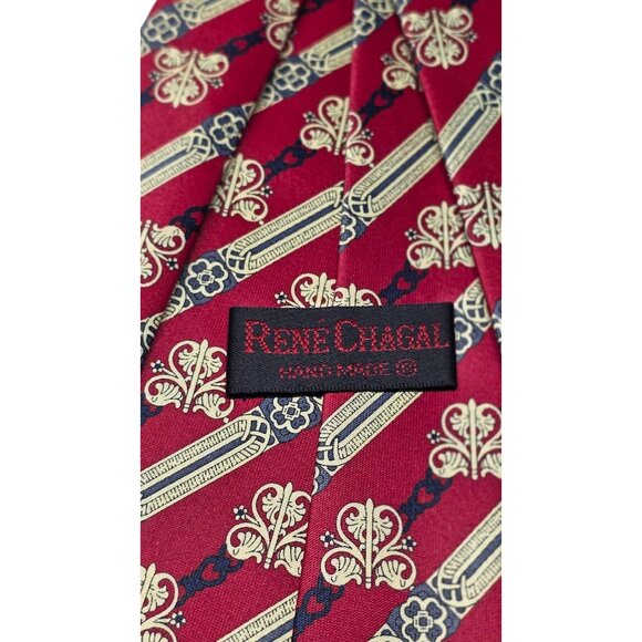 Rene Chagal Men's Burgundy & Gold Fleur-de-Lis Stripe Necktie - Picture 7 of 7